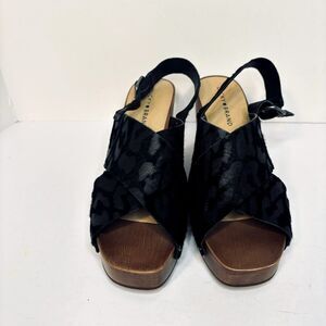 Lucky Brand Animal Print Wedge Sandals Wooden Platform Studded Black Womens